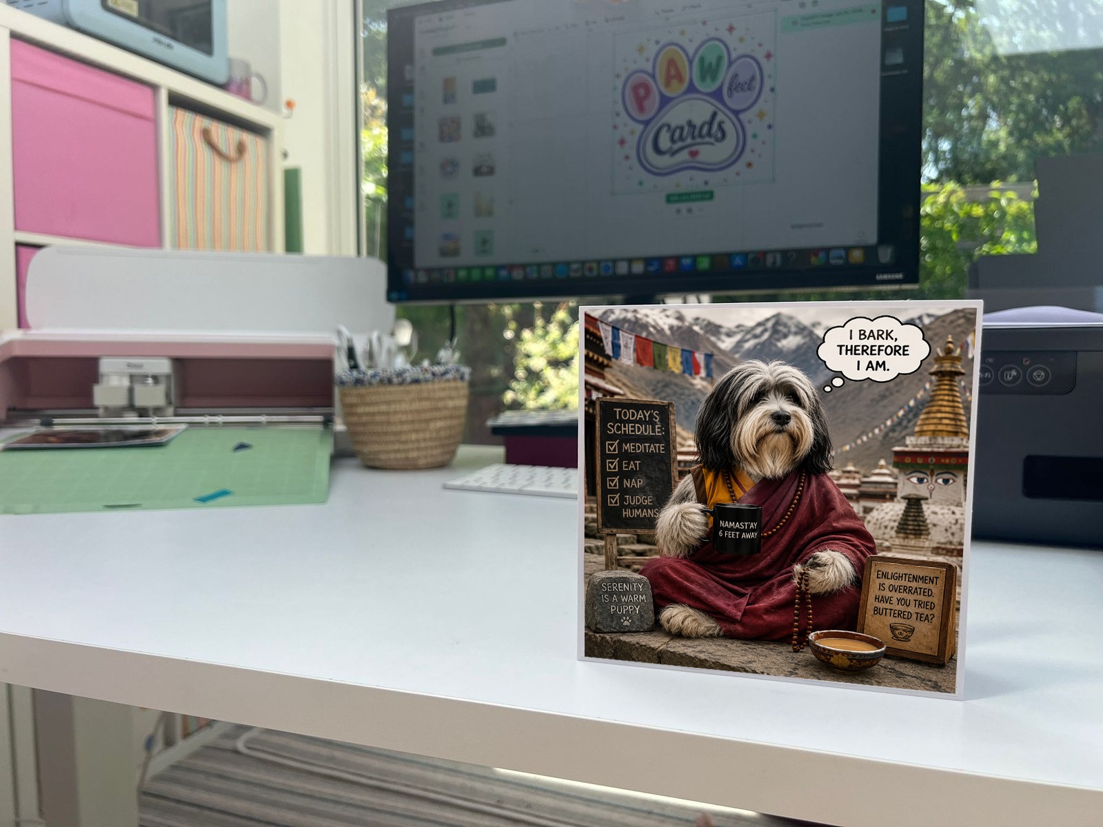 A Pawfect Cards greeting card standing on Juliette's studio desk